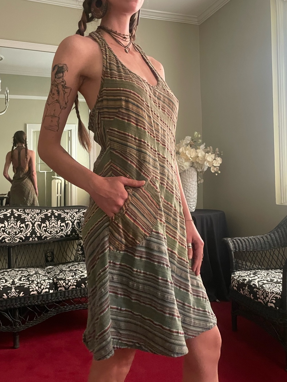 Olive Striped Halter Summer Dress - from India